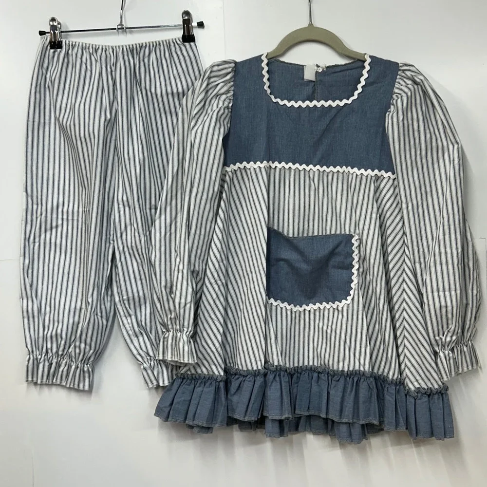 Art Stone Tunic Bloomers Set Girls Large Child Blue White Good Cottagecore